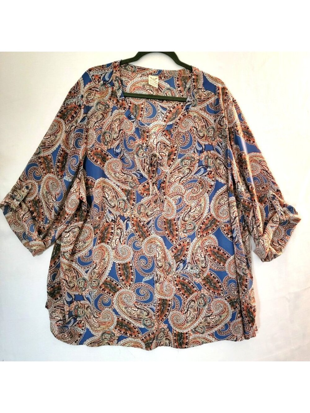Faded Glory Tunic Womens Plus Size 4X Roll Tab Sleeves Blush & Blue Paisley